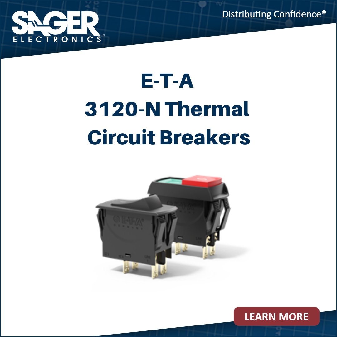 SagerElectric's tweet photo. Suited for protection of motors, pumps, transformers and cables, E-T-A’s 3120 thermal circuit breaker/switch combination unites overcurrent protection and the function of an ON/OFF switch within a single component. In stock at @SagerElectric.

https://t.co/PnuKzoRL18

 #switches https://t.co/7KRk5R7zL9