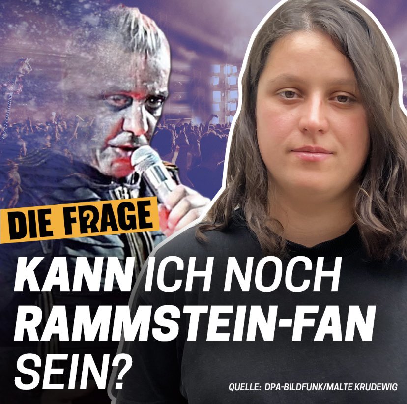 diefrage_funk's tweet photo. Merle hat ihre Erfahrungen von sexualisierter Gewalt u.a. mit Liedern von #Rammstein verarbeitet. Aber lässt sich ihre Fanliebe mit den Vorwürfen gegen Till Lindemann noch vereinbaren? Von ihrer Zerrissenheit spricht sie in unserem Videopodcast https://t.co/XimbT6Oo2D https://t.co/8VTedWm9xb