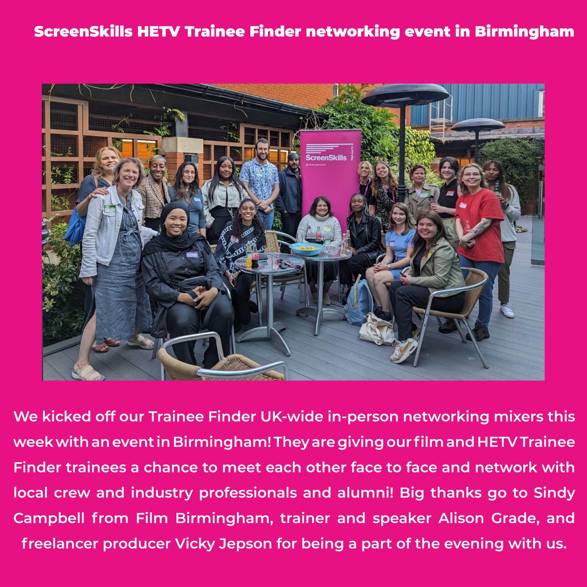 UKScreenSkills's tweet photo. @KateEfomi @GMACFilm We kicked off our #TraineeFinder UK-wide in-person networking mixers this week with an event in #Birmingham! Our Film and HETV Trainee Finder trainees met each other face to face and networked with local crew, industry professionals and alumni! https://t.co/gFL3ZO3yYB
