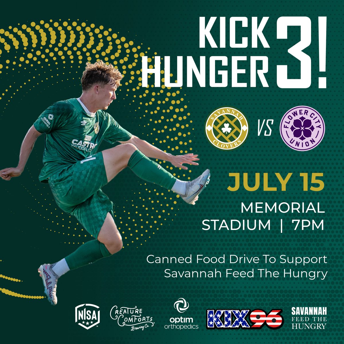 SavCloversFC's tweet photo. 📢 ☘️ Today we are announcing that our next match will be part of our KICK HUNGER campaign to help feed the hungry in our local community. Please bring canned goods and receive a Savannah Clovers Button for your contribution. 🙏��� @Kix96Savannah @NISALeague @creaturebeer https://t.co/ZprYNFhdXe