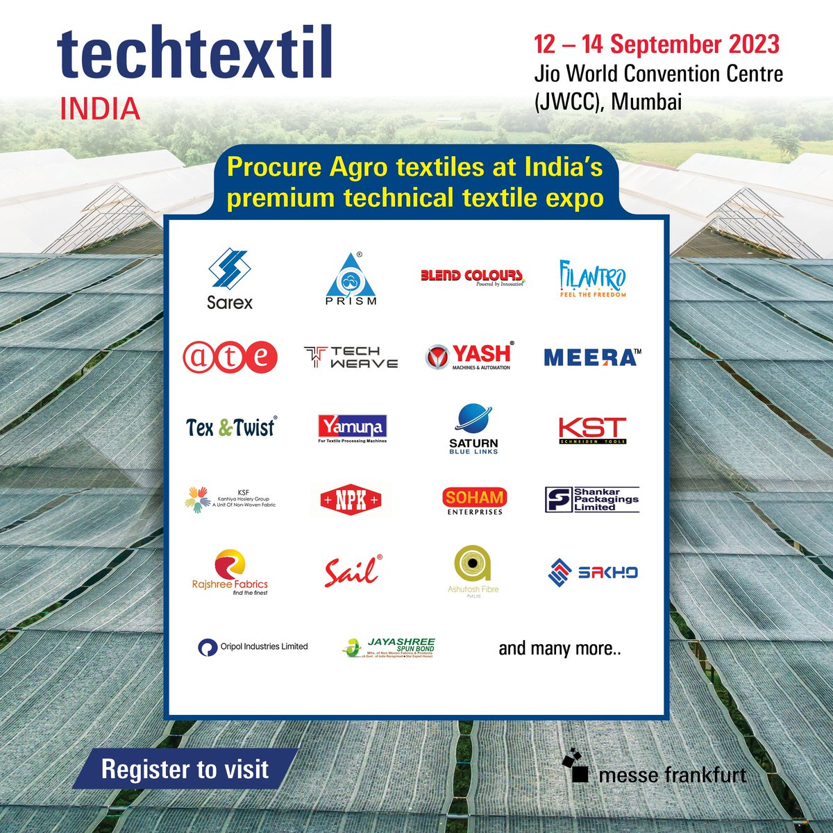 techtextilindia's tweet image. Source shade-nets, crop-coverings, tarpaulins, fishing nets and plant mats directly from reputed suppliers at the Techtextil India expo.
 
12-14 September 2023 at JWCC, Mumbai.

 Visit the link to register - bit.ly/3OHemWd
 
 #agrotech  #agriculturaltextiles #techtextil