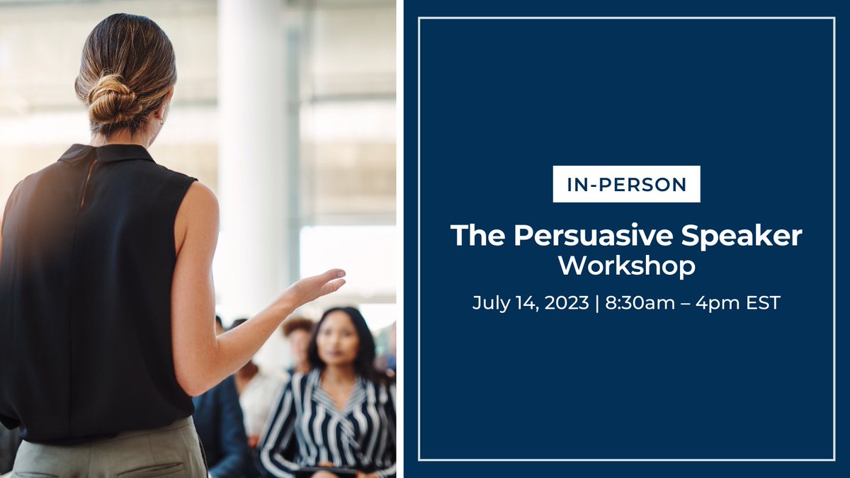 Register for our in-person Persuasive Speaker Workshop July 14, 2023 from 8:30am – 4pm EST.  This workshop focuses on the fundamentals of creating and delivering simple, persuasive business presentations: bit.ly/3rfoXOm. #communicationtraining #speakertraining