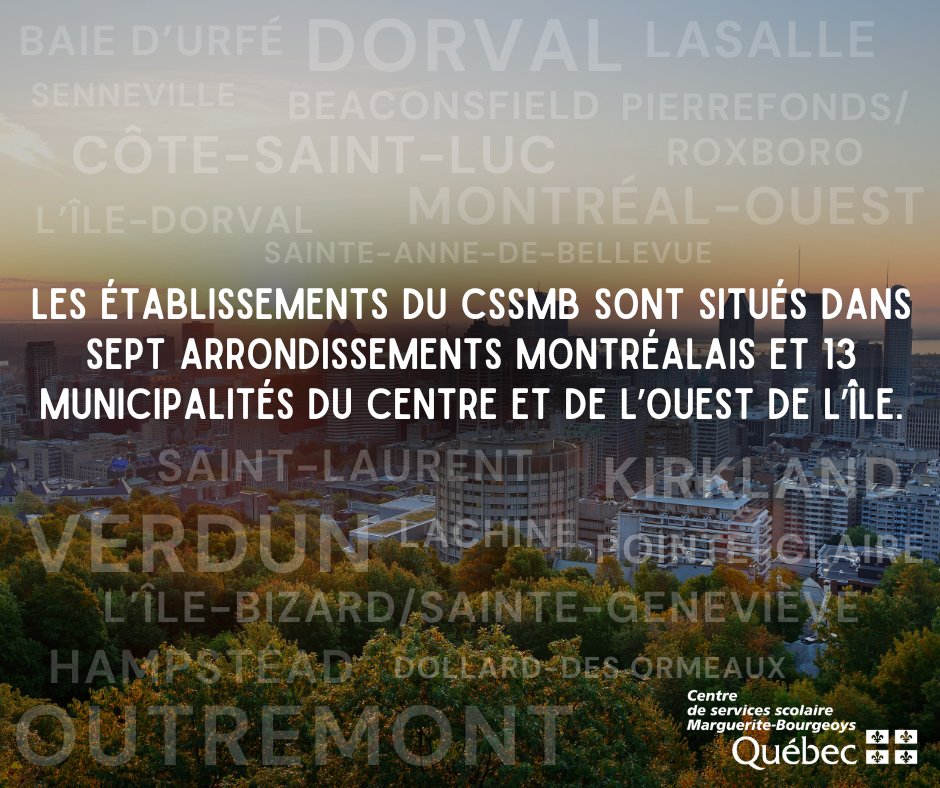 csmbourgeoys's tweet photo. 💡 Saviez-vous que?
🏙️ Au Centre de services scolaire Marguerite-Bourgeoys, il y a 103 établissements qui bordent les rues de Montréal, regroupant près de 70 500 élèves et 11 685 membres du personnel.
#CSSMB #mtl #Montréal #MTLOuest https://t.co/eqG11nAwhs