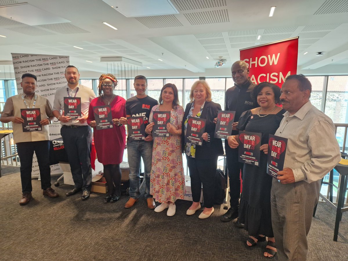 Great to have the backing of @unisontheunion for Wear Red Day 2023: Friday 20th October! Pic of @cmcanea @benno_4 @H4bibRahman and members of @NorthernUNISON Black members Committee supporting #ShowRacismtheRedCard #WRD23.