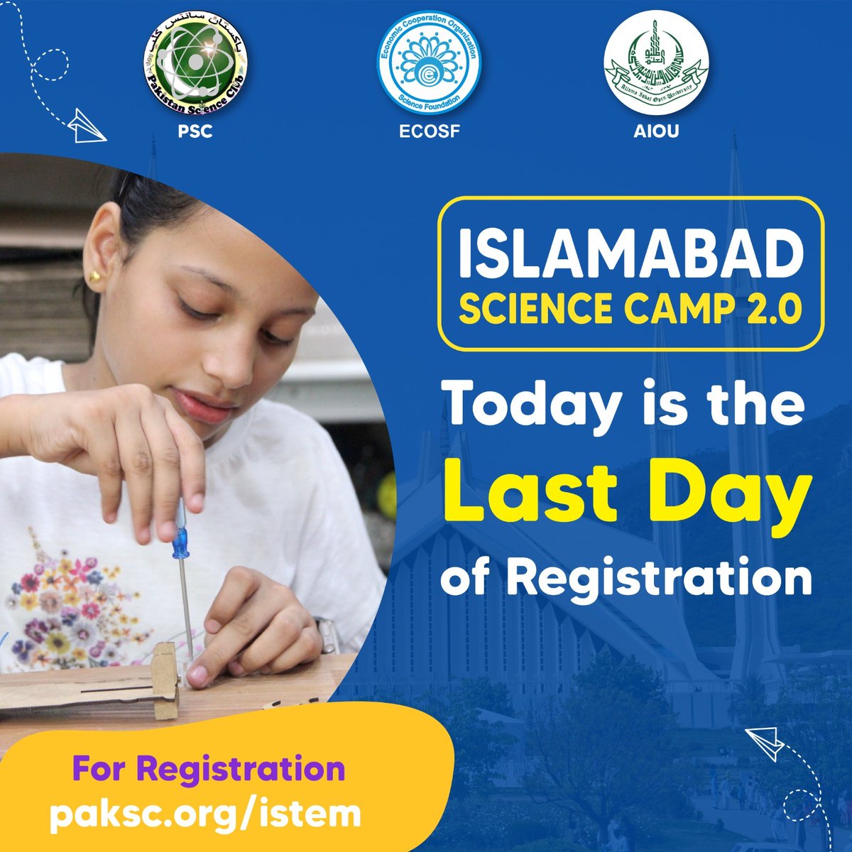 Today is the last day to enroll in the exciting Islamabad Science Camp 2.0. We will be closing registration today. Don't miss out on this chance! For online registration visit paksc.org/istem/ contact us: Office, 02135052989 | 03453002870