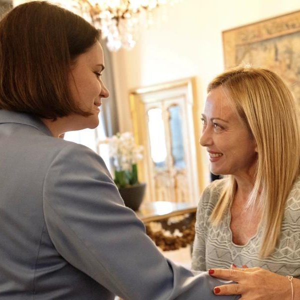Tsihanouskaya's tweet photo. Today we have another powerful voice for free #Belarus.  In our warm meeting, 🇮🇹 #Italy's PM @GiorgiaMeloni assured me of her full support for free, democratic &amp; sovereign Belarus. I am impressed with her determination &amp; her commitment to rapid action. Together, we are stronger! https://t.co/JahlVLOHov