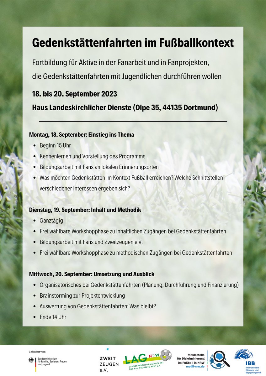 Vom 18. bis 20.09.2023 veranstalten wir in Kooperation mit @fanprojekteNRW und @zweitzeugen eine Fortbildung zum Thema "Gedenkstättenfahrten im Fußballkontext" in Dortmund. Weitere Informationen und Anmeldung unter: kjp-gedenkstaettenfahrten.de/2023/06/14/ged…