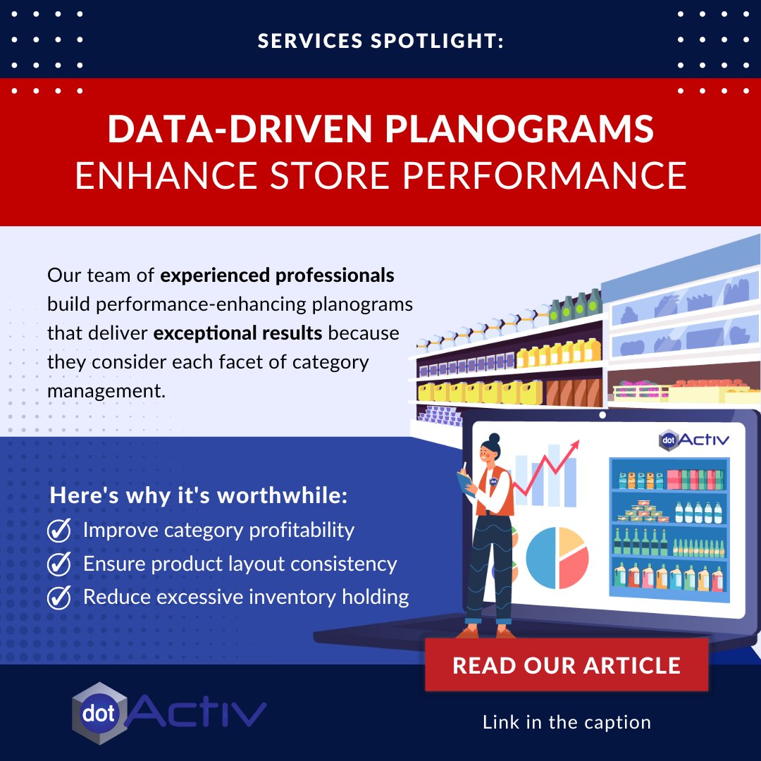 DotactivGroup's tweet image. When you choose DotActiv's Planogram Development service, you get access to experts who craft performance-enhancing and shopper-friendly planograms that reflect your assortments and merchandising principles.
Read more: hubs.ly/Q01W-8gX0 
#planogram #dotactiv #retailservices