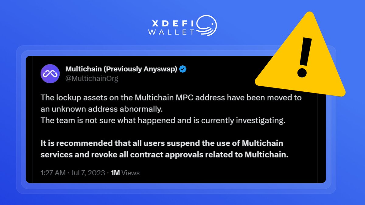 Ctrl_Wallet's tweet photo. ⚠️🚨 @MultichainOrg has issued a warning to ALL USERS that suspicious activity has been identified.

👉For your safety, please revoke all Multichain smart contract approvals and do not use Multichain services.
https://t.co/eBysatG35X