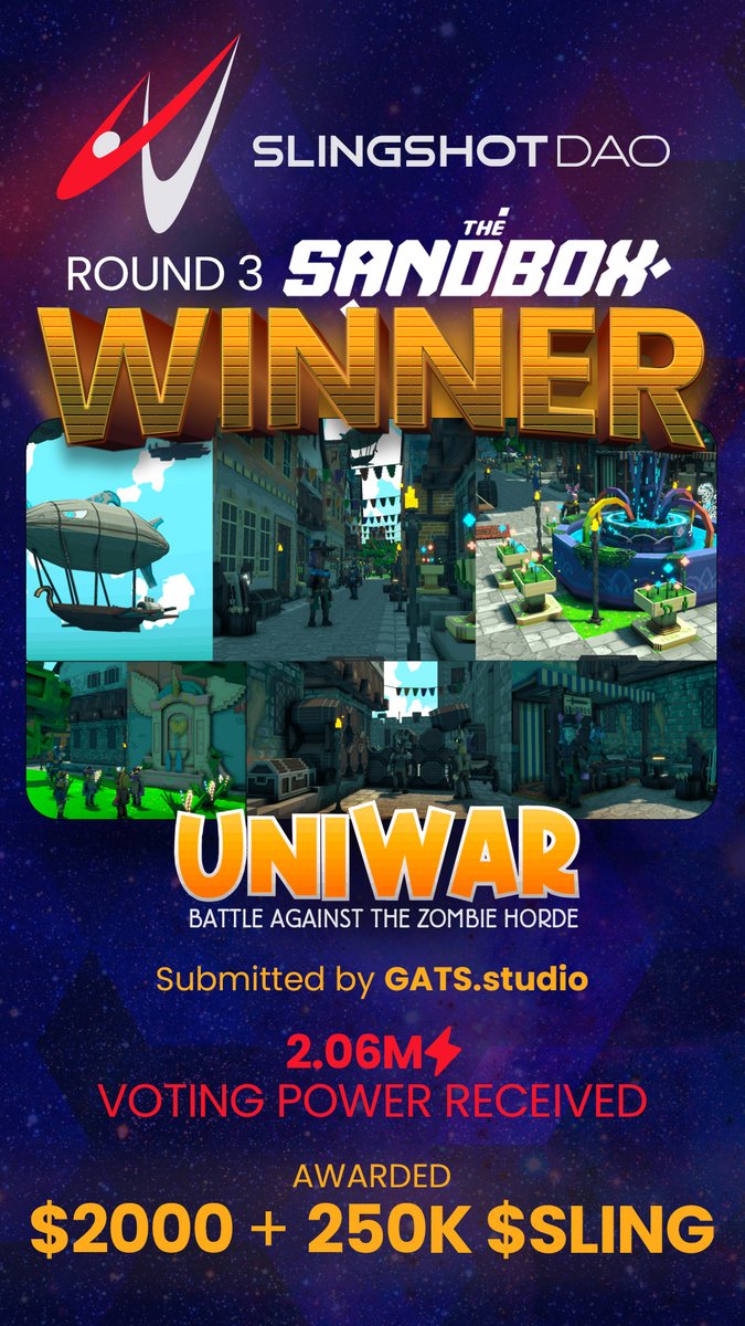 Slingshot DAO (@slingshotdao) on Twitter photo 🎨🕹️ Today we celebrate the individuals for sharing their games ideas for a chance to win big. Firstly the #Sandbox category, where @gatsstudio emerged victorious with their spine-chilling🧟♂️ 'UniWar: Zombie' for the Sandbox! 👏🎮 <a href="/TheSandboxGame/">The Sandbox</a> 🎨🕹️ Today we celebrate the individuals for sharing their games ideas for a chance to win big. Firstly the #Sandbox category, where @gatsstudio emerged victorious with their spine-chilling🧟♂️ 'UniWar: Zombie' for the Sandbox! 👏🎮 <a href="/TheSandboxGame/">The Sandbox</a>