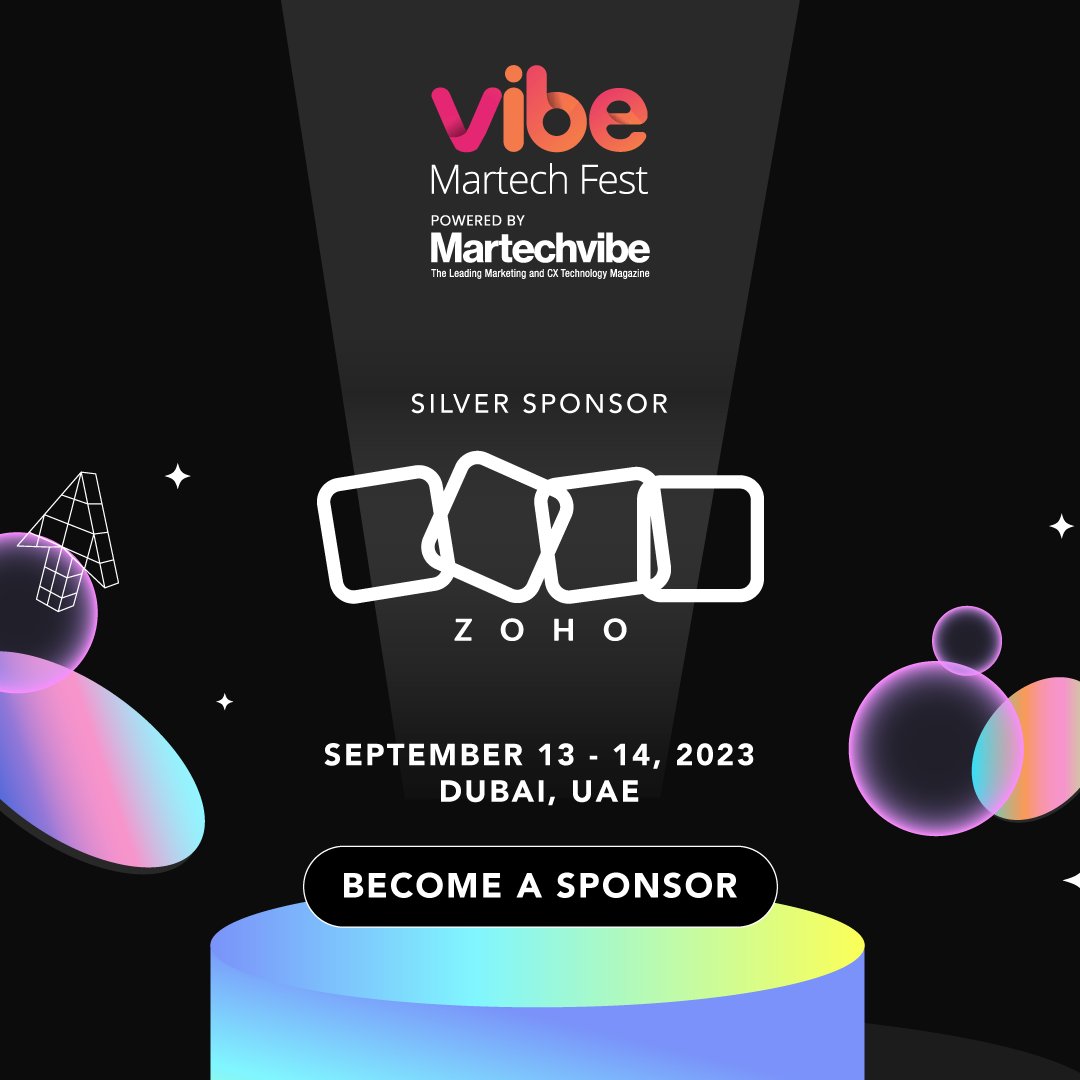 MartechVibe's tweet photo. We're thrilled to announce @Zoho as a Silver Sponsor at Vibe Martech Fest - UAE!

Showcase your brand’s expertise and thought leadership at Vibe Martech Fest. To explore sponsorship opportunities, visit https://t.co/n1bpiOaTyT. #VMFUAE https://t.co/TbVpL4m19q