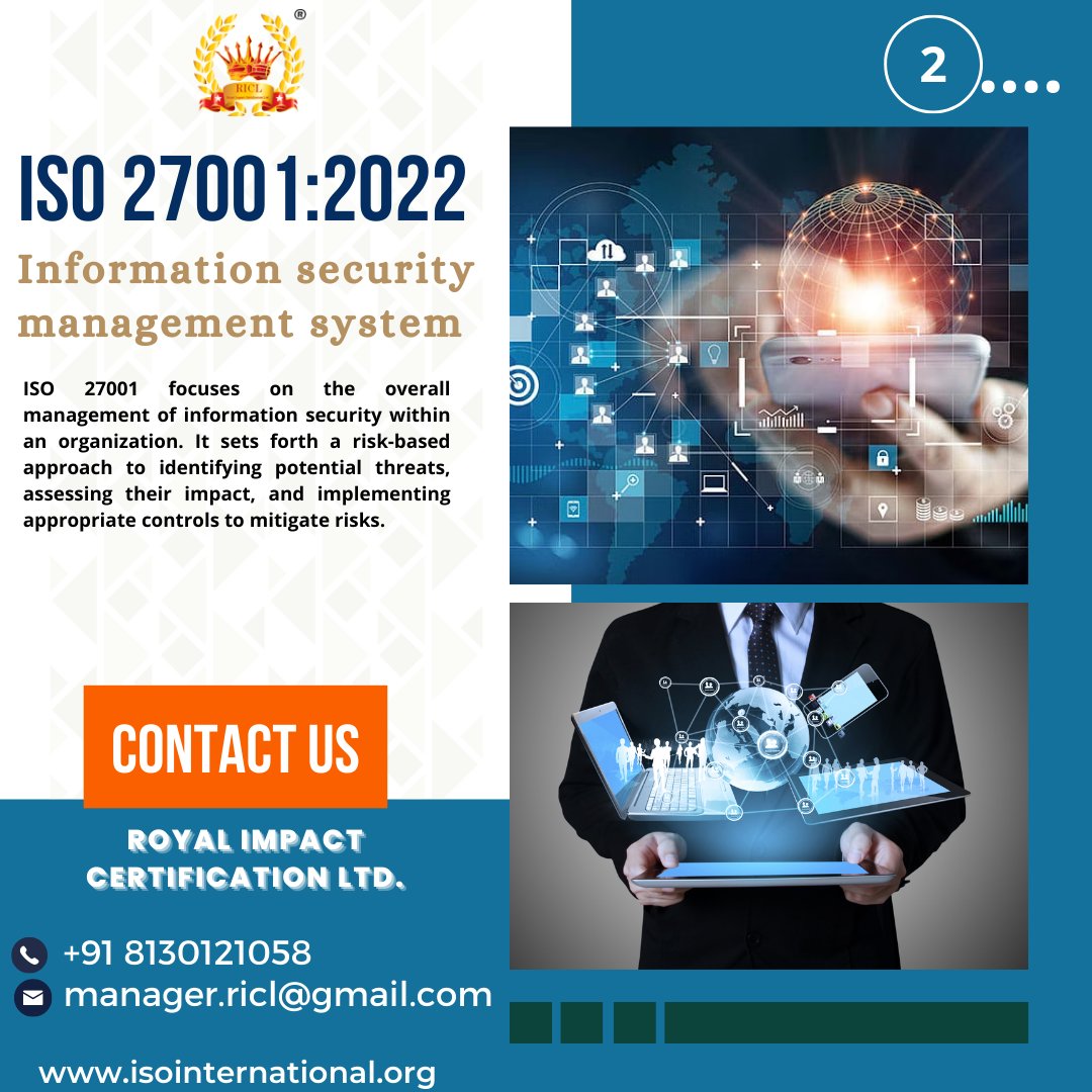 ricliso2047's tweet photo. ISO 27001 (formally known as ISO/IEC 27001:2005) is a specification for an information security management system (ISMS). #iso9001 #ISO #SEDEX #CE #FCC #ROHS #GMP #USFDA, #CMMI, #KOSHERCertification, #Halal, #isocertificationbody #royalimpactcertificationltd #isocertification https://t.co/GWzdI0vD0g
