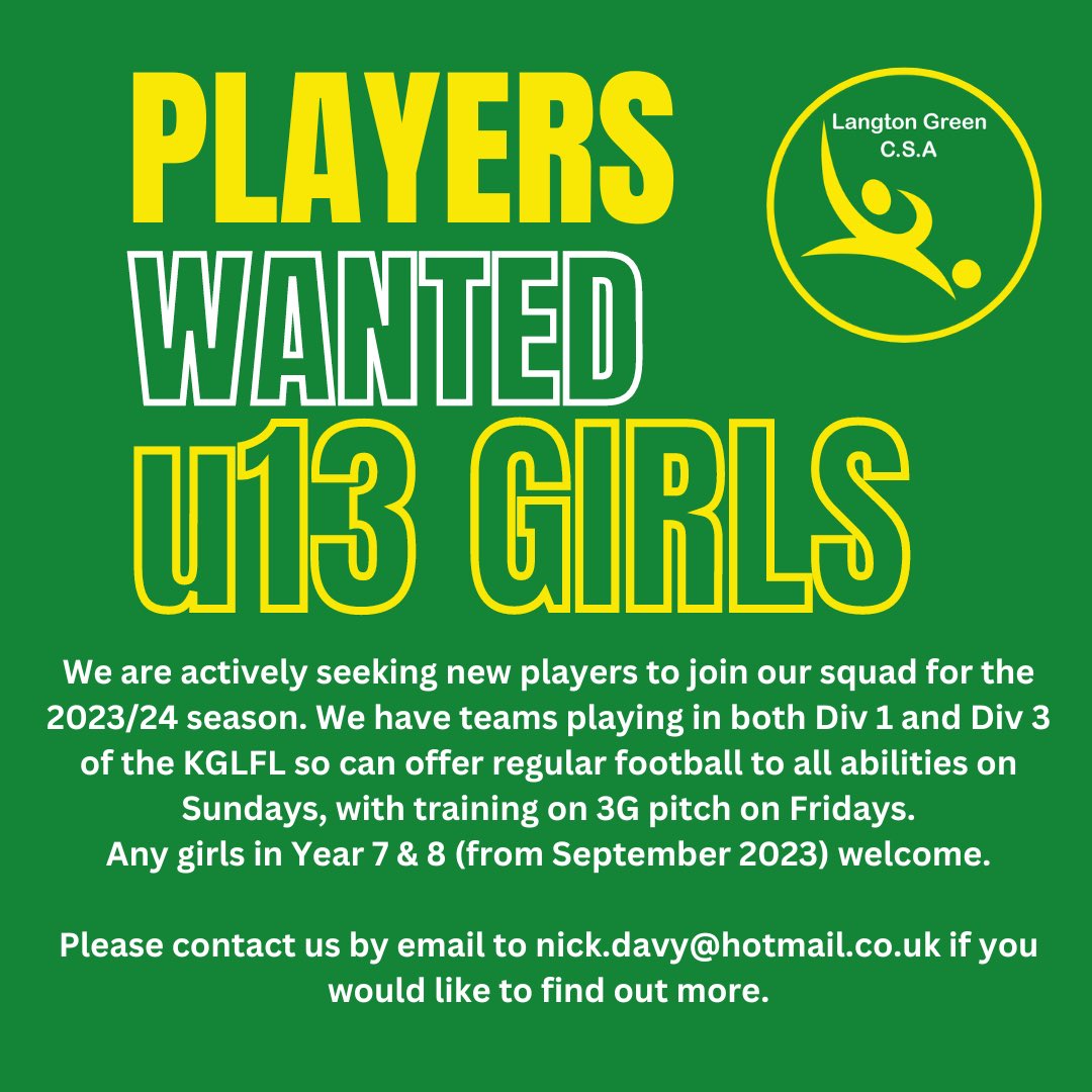 nick davy (@ndavy1982) on Twitter photo Looking to strengthen our 2 squads for next season in the <a href="/KGLFL/">Kent Girls & Ladies Football League</a> . If you know someone who may be interested, please get in touch.
#girlsfootball #langtongreen #kglfl Looking to strengthen our 2 squads for next season in the <a href="/KGLFL/">Kent Girls & Ladies Football League</a> . If you know someone who may be interested, please get in touch.
#girlsfootball #langtongreen #kglfl