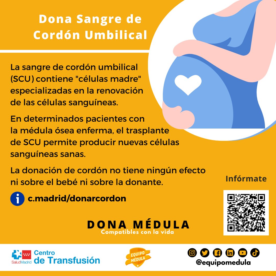 EquipoMedula's tweet photo. La sangre de #cordón umbilical contiene "células madre" especializadas en la renovación de las células sanguíneas para salvar vidas de pacientes con la #médulaósea enferma. 

💛 Esta donación no tiene ningún efecto ni sobre el bebé ni sobre la donante.

ℹ https://t.co/g9ETcSafKN https://t.co/0LgrABSPgv