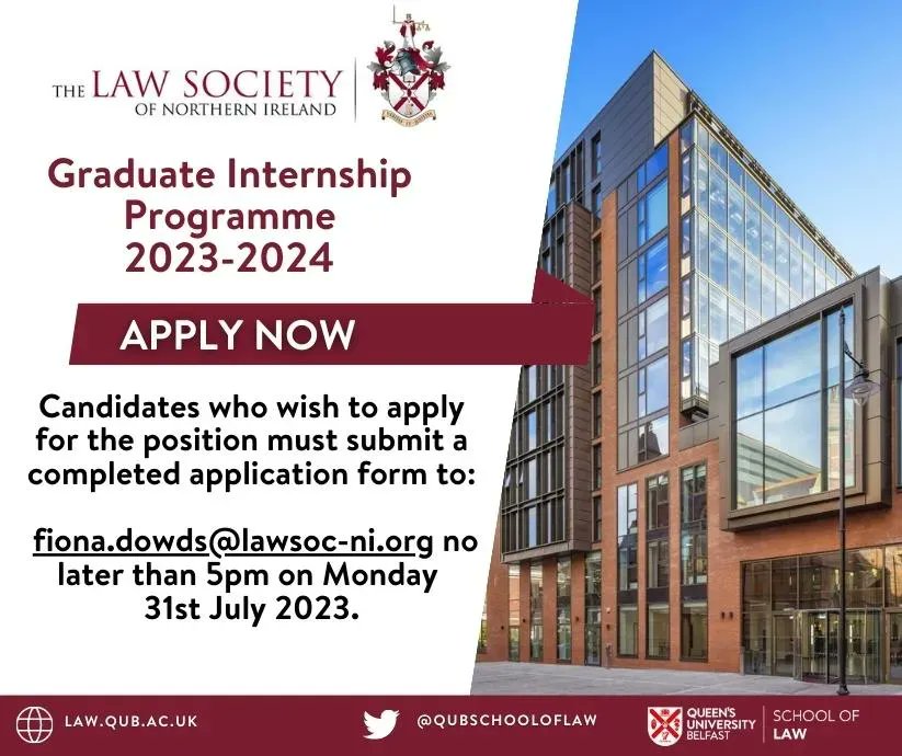 The Law Society of Northern Ireland is seeking to recruit exceptional law graduates with the talent and desire to positively contribute to the administration of Justice in NI! Further details and how to apply can be found bit.ly/46DItnZ #lovequblaw