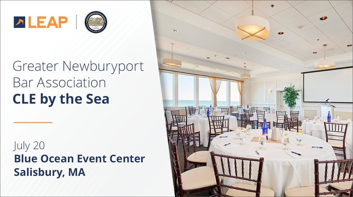 LEAP4Lawyers's tweet photo. The Greater Newburyport Bar Association’s 6th Annual #CLEbytheSea is fast approaching, and we are getting ready to show #lawfirms the LEAP legal practice productivity solution: https://t.co/pq2RY7E4nj https://t.co/Ru2fmS73i1