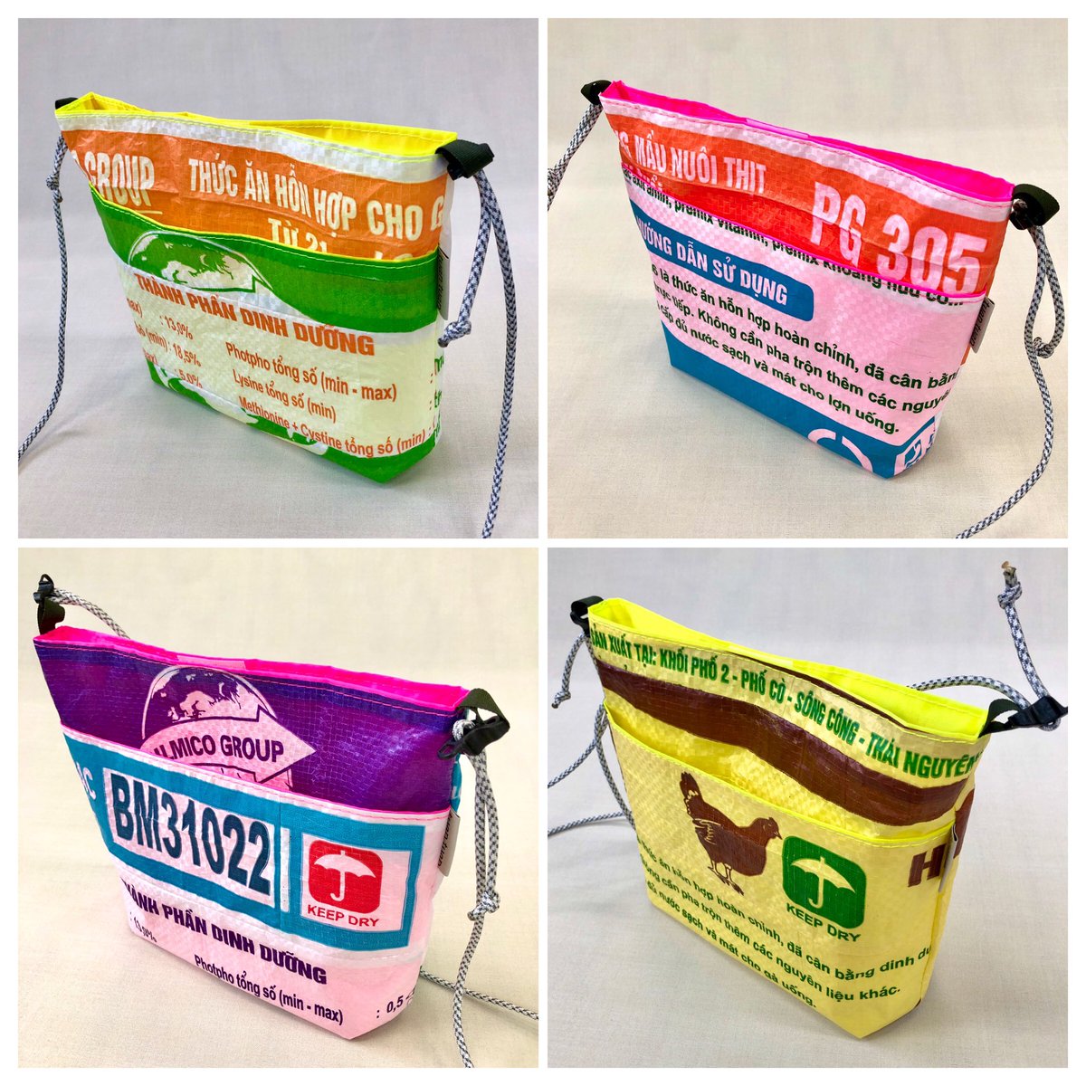tuan_bag's tweet photo. air-sacoche🕊️

軽〜い🎈重さ50gで掛けてるのを忘れそう
セロハンみたいパリパリ感の飼料袋をパッチワーク
&amp;蛍光色の内布でかなりポップ✨

1点物☝️ですよー！

手ぶらでのお出かけに是非🚴

#ベトナム #サコッシュ  #アップサイクル #upcycle #tuantuan #1点物 #エシカル #中目黒 #ハンドメイド https://t.co/d0lny0WuYV