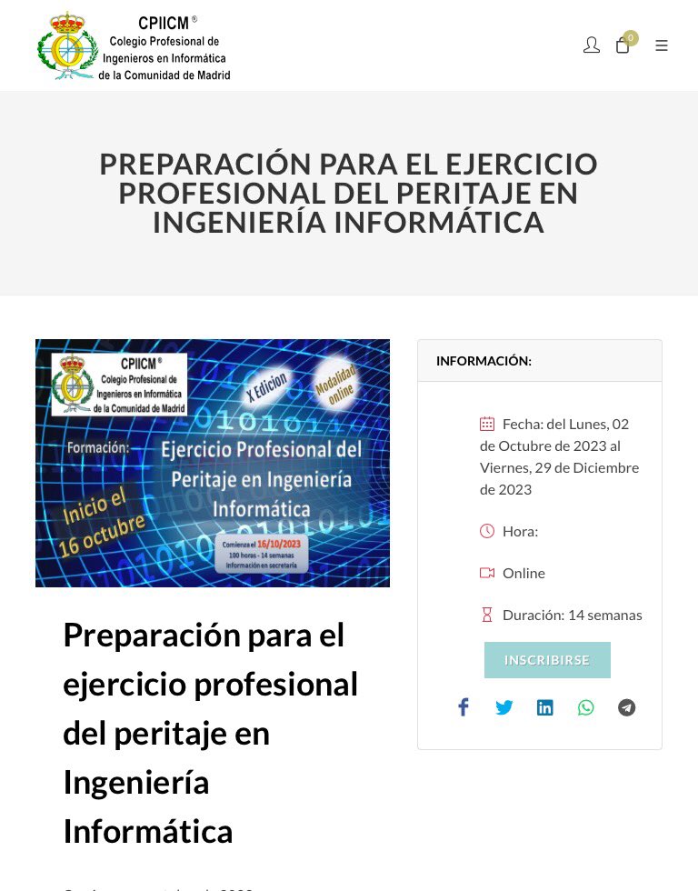Curso Preparación Ejercicio Profesional Peritaje en #ingenieria #informatica 100 horas durante 14 semanas  del 2/10/2023 al 29/12/2023 solo para titulados en ingeniería informática 

 cpiicm.es/evento/prepara…