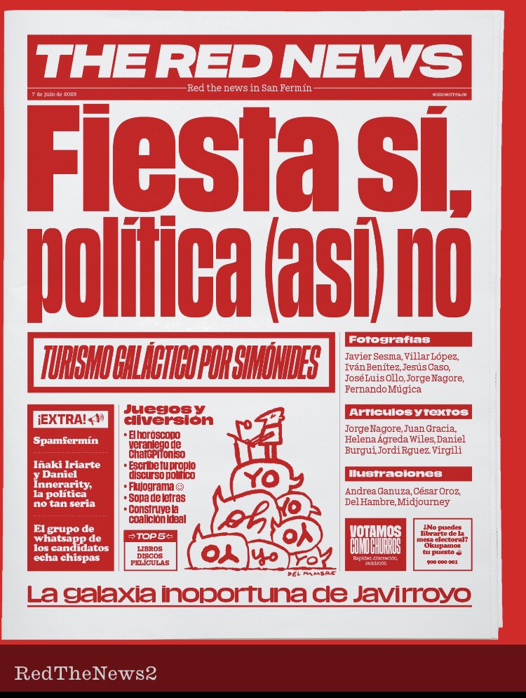 The Red News por <a href="/somoserrea/">Errea</a>. Un periódico efímero para “celebrar” la inoportunidad de estas elecciones. La publicación, impresa en rotativa, tiene espíritu de pasquín, formato tabloide, 16 páginas y un único color: rojo, el de las fiestas de Pamplona somoserrea.es/producto/the-r…