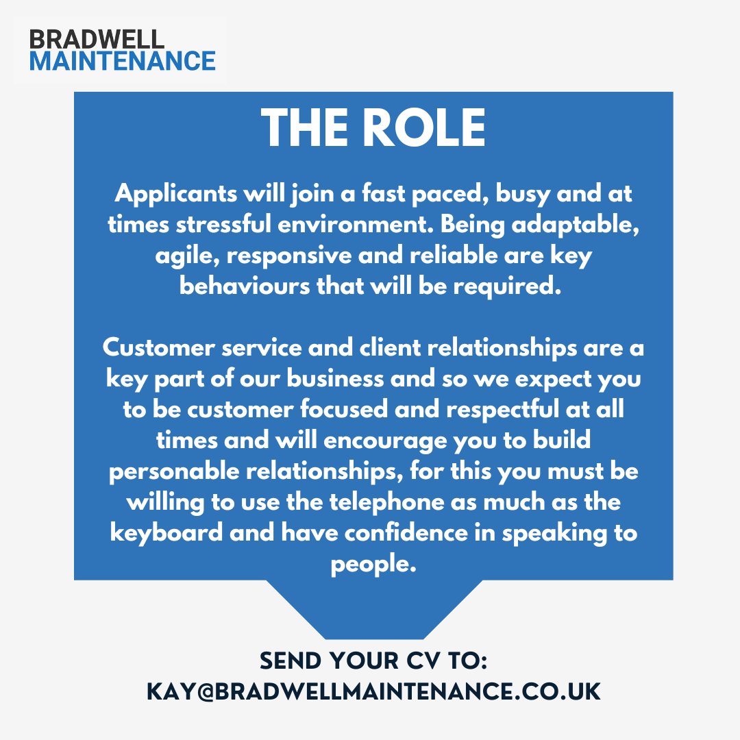 bradwellmaint's tweet photo. We are now hiring for a junior office admin at our Dukinfield offices!

If you or someone you know might be interested in this role, please send your most up-to-date CV to kay@bradwellmaintenance.co.uk - these will be looked at after the upcoming weekend! https://t.co/v8JwW0a7Ho