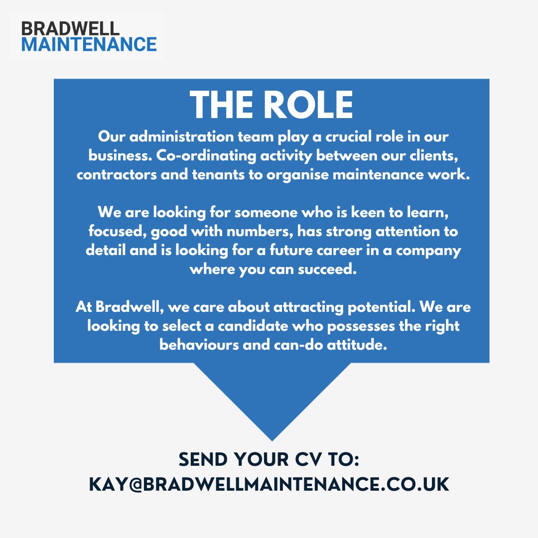 bradwellmaint's tweet photo. We are now hiring for a junior office admin at our Dukinfield offices!

If you or someone you know might be interested in this role, please send your most up-to-date CV to kay@bradwellmaintenance.co.uk - these will be looked at after the upcoming weekend! https://t.co/v8JwW0a7Ho