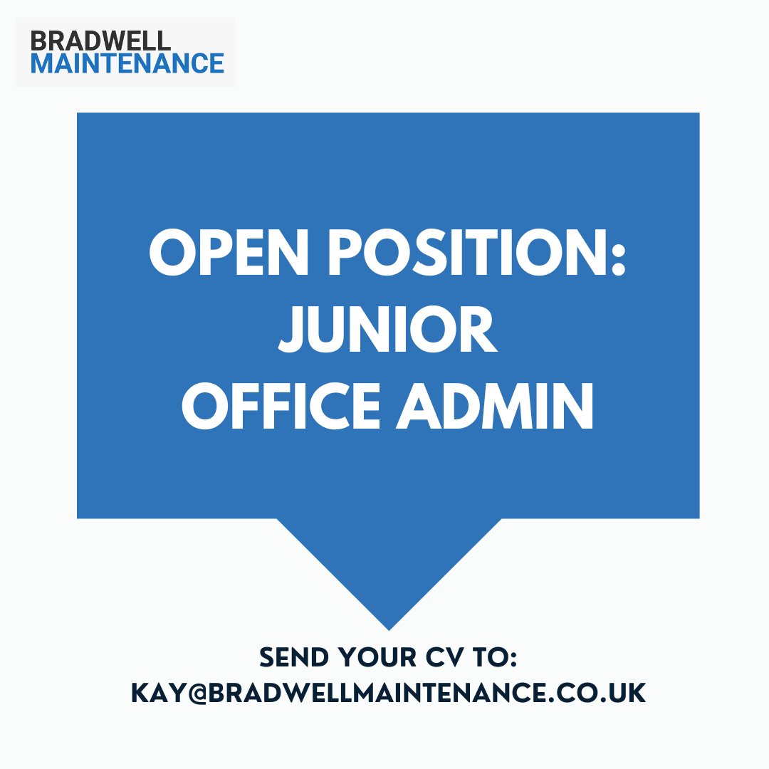 bradwellmaint's tweet photo. We are now hiring for a junior office admin at our Dukinfield offices!

If you or someone you know might be interested in this role, please send your most up-to-date CV to kay@bradwellmaintenance.co.uk - these will be looked at after the upcoming weekend! https://t.co/v8JwW0a7Ho