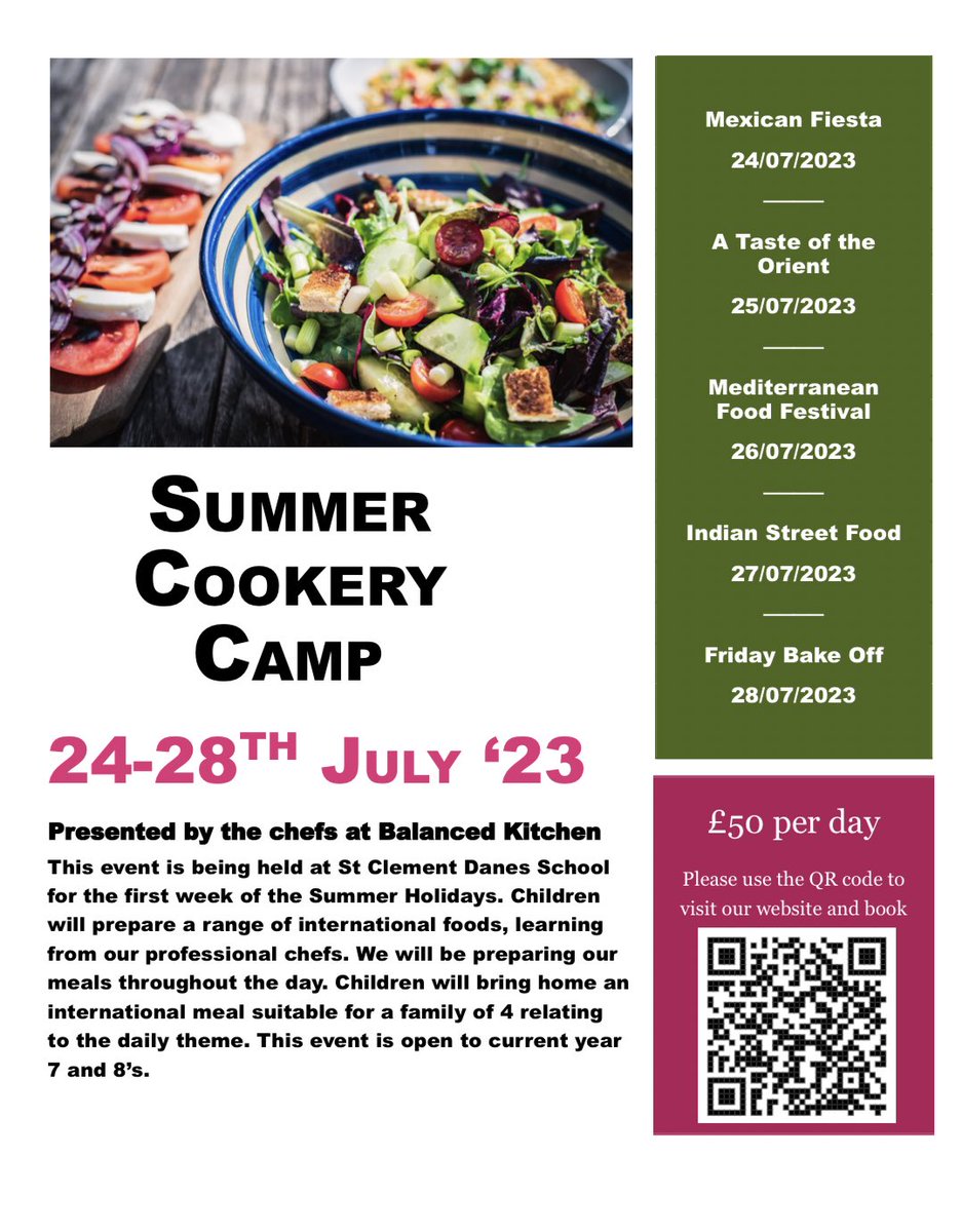 SCD_DT's tweet photo. We have a fantastic opportunity for Year 7 and 8 students! Join Mr Biswell and Mr Sorrell for their Summer Cookery Camp on 24th-28th July 2023. Open to internal and external students within these year groups. Please see the link below for further info 🥙🥟
https://t.co/Bn7ingwGXP https://t.co/ULHauC2l2X