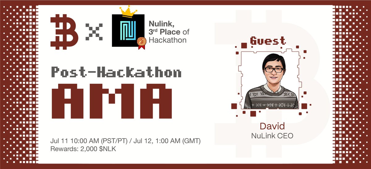 nautilus_chain's tweet photo. 🎉 Get ready for an electrifying event! 🚀 We're excited to host @DavidJiaoEth, co-founder of @NuLink_, the 3rd place winner of the Boundless Hackathon🏆

✨ Save the date: July 11th, 10:00 AM (PST/PT)/July 12th, 1:00 AM (GMT). Join us for an insightful discussion that you don't want to miss!

Participate and stand a chance to share 1000 $NLK:  
https://t.co/mWltd7fTFA

Set your reminders: https://t.co/3pSSAMSkPq

Don't miss out on this amazing opportunity! 🔥

#BoundlessHackathon #Innovation #TechTalks