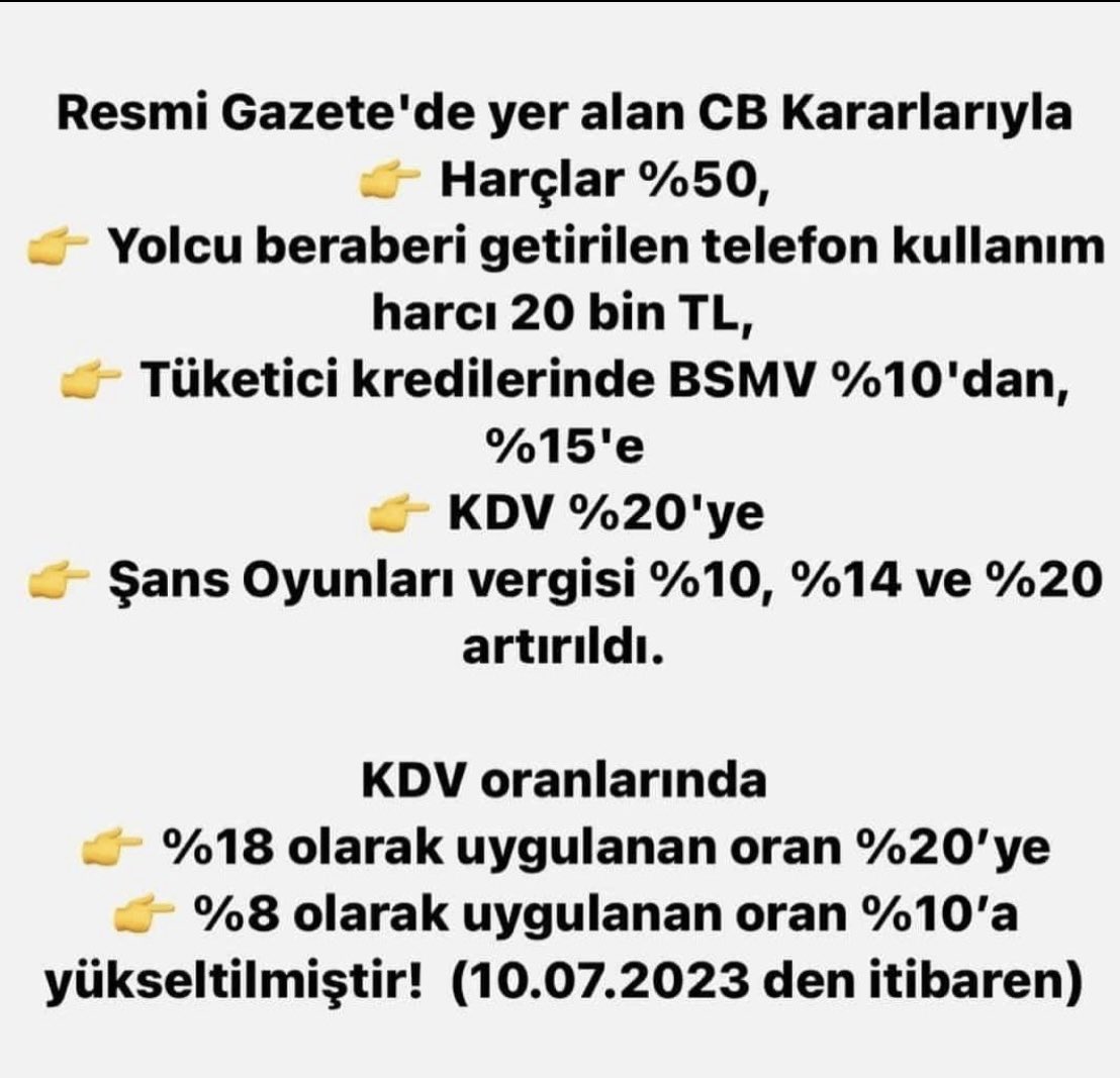 10 Temmuz pazartesi 2023 tarihinden itibaren geçerli olmak üzere KDV ve harç oranları…
