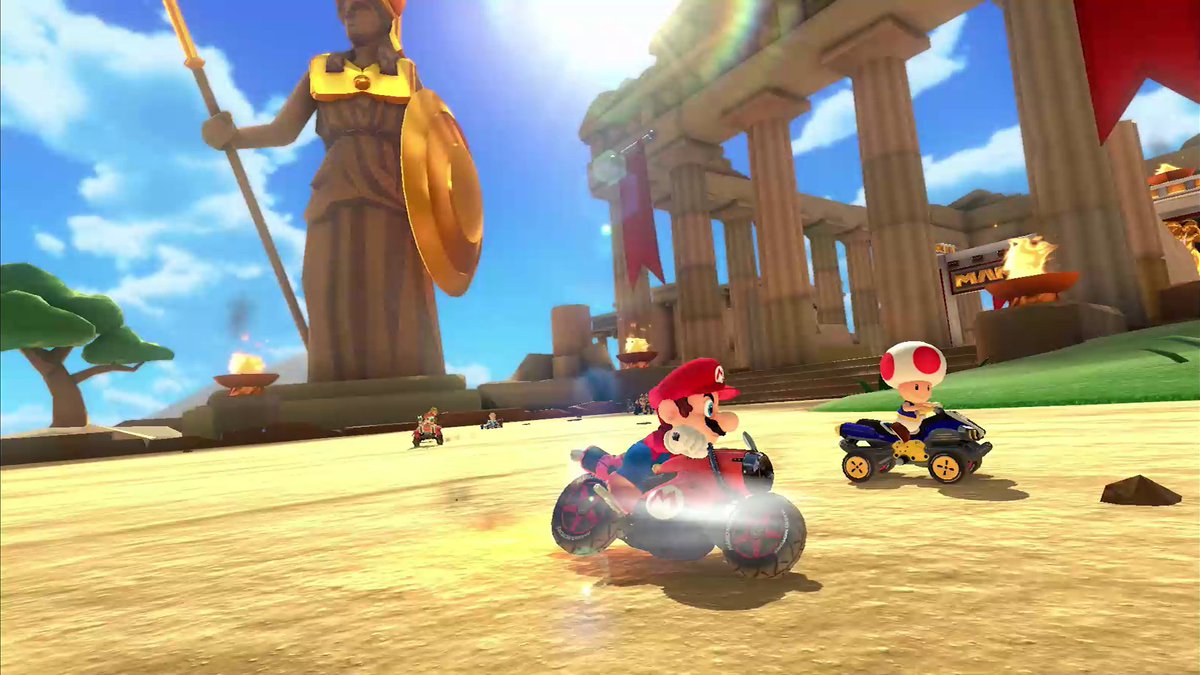 NintendoUK's tweet photo. The Feather Cup arrives in Wave 5 of the #MarioKart 8 Deluxe – Booster Course Pass! Enjoy two classic courses in Daisy Cruiser and Moonview Highway, a historical tour with Athens Dash and the brand new course, Squeaky Clean Sprint! https://t.co/PvNiGxEVMj