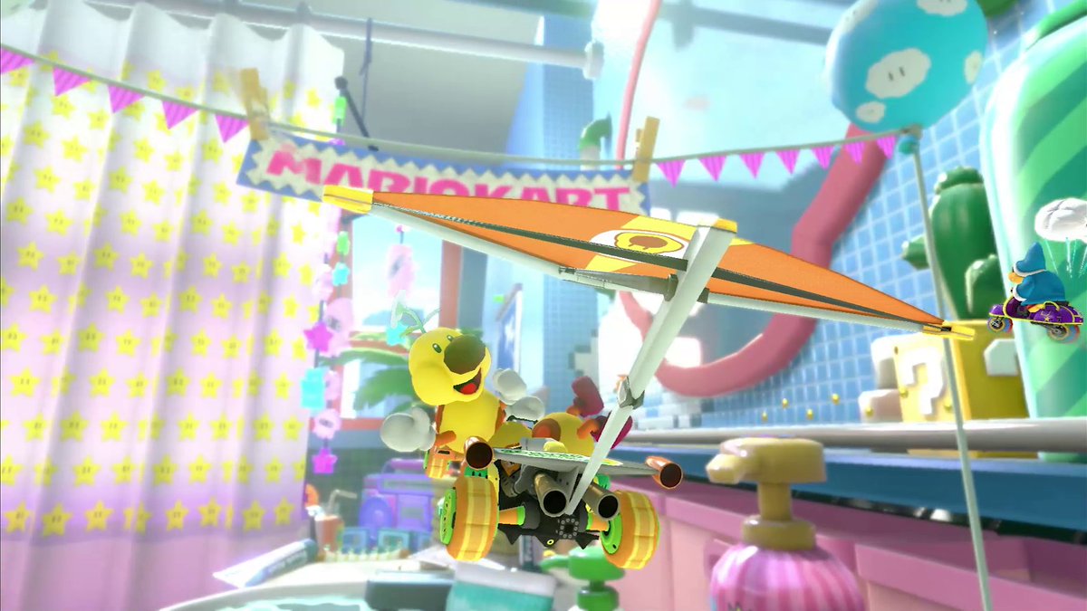 NintendoUK's tweet photo. The Feather Cup arrives in Wave 5 of the #MarioKart 8 Deluxe – Booster Course Pass! Enjoy two classic courses in Daisy Cruiser and Moonview Highway, a historical tour with Athens Dash and the brand new course, Squeaky Clean Sprint! https://t.co/PvNiGxEVMj