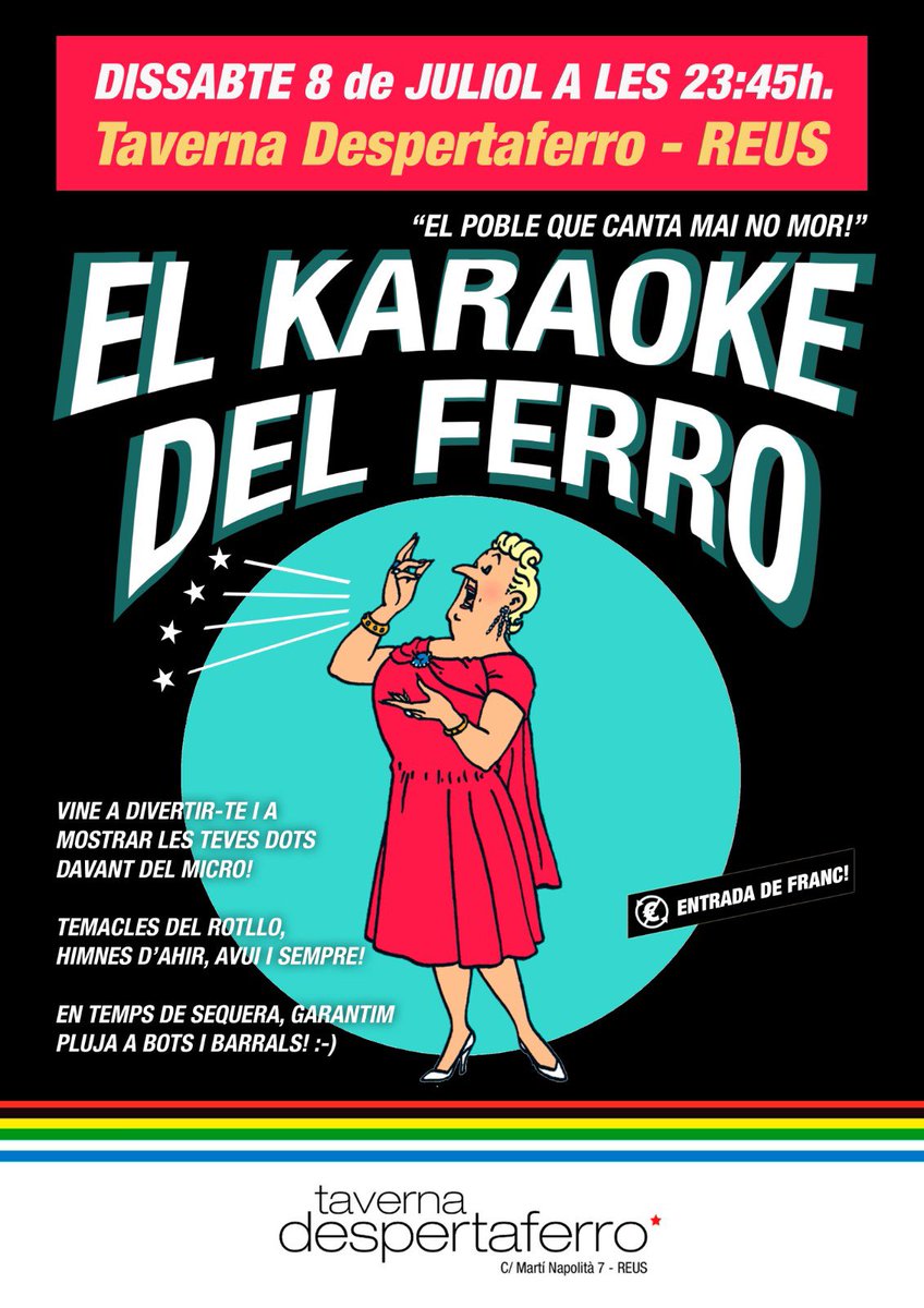 Demà dissabte a la nit, vine amb els teus a cantar i a xalar! EL KARAOKE DEL FERRO, un karaoke amb temacles i himnes del rotllo per cantar a pulmó! 
No tinguis cap por a desafinar! Contribuïm amb pluges i ruixats a paliar la sequera del país! ☔☔☔☔😂😂😂