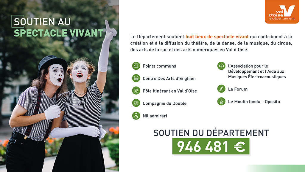 #Valdoisedirect Le Département soutient 8 lieux de spectacle vivant structurants du territoire qui tendent à rendre la #culture accessible au plus grand nombre. Soutien du Département ➡️946 481€.