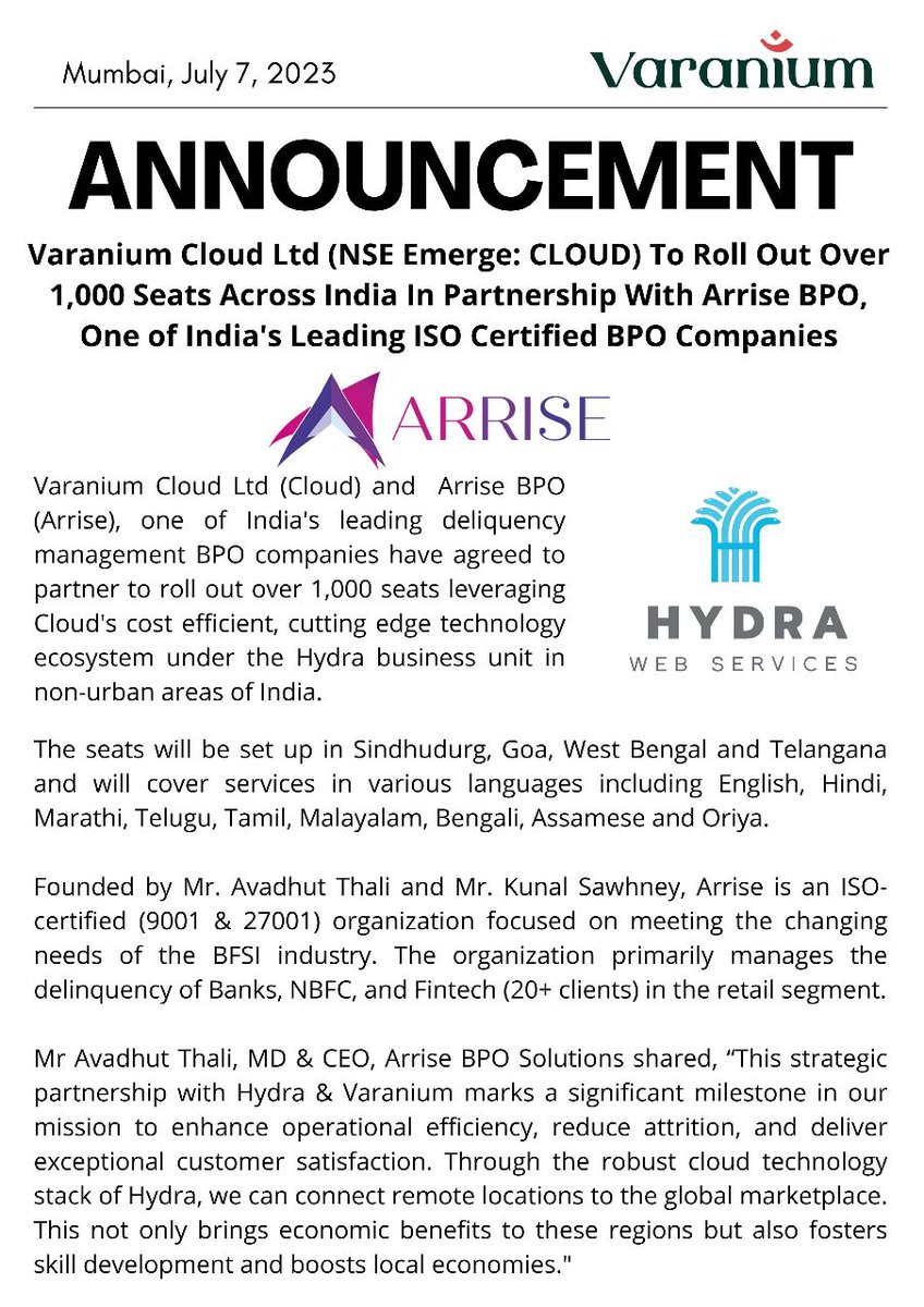 We are pleased to announce our partnership with Arrise BPO, one of India's leading #BPO companies founded by industry stalwarts. Under this partnership, we will roll out over 1,000 multi-lingual seats in non urban areas across India using the Hydra ecosystem. #HydraWebServices