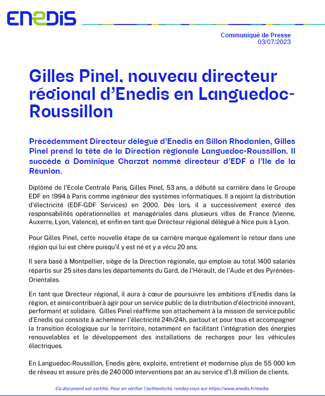 🆕 Gilles Pinel devient Directeur régional d'Enedis en Languedoc-Roussillon 

Il aura à cœur de poursuivre les ambitions d’Enedis dans la région, et ainsi contribuer à agir pour un service public de la distribution d’électricité innovant, performant et solidaire ⚡️