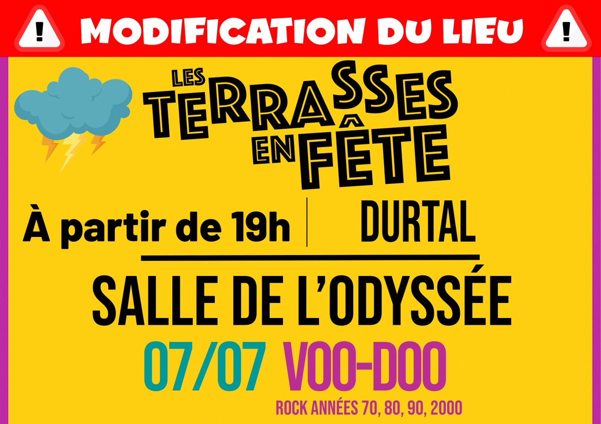 La #météo nous joue des tours et par souci de #sécurité nous appliquons le #principedeprécaution, le concert des Terrasses en Fête aura lieu à l'#Odyssée avec CLARA en 1ère partie et VOO-DOO vers 20h.
L'Odyssée sera donc en #Fête pour cette première date !