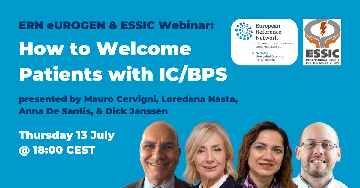 ERN_eUROGEN's tweet photo. Join us for a joint @ERN_eUROGEN & ESSIC webinar:
๐ฅ How to Welcome Patients with IC/BPS
๐ฅ Mauro Cervigni, Loredana Nasta, Anna De Santis & Dick Janssen
๐
Thu 13 Jul, 1800 CET
๐ https://t.co/6046yErgxu
#RareDisease #UroSoMe #FPMRS #ICBPS @Uroweb @UrowebESU @EAUNurses https://t.co/m9zGDdYrNO
