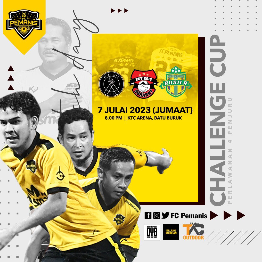 FcPemanis's tweet photo. Matchday! Challenge Cup Day!
3 Perlawanan Pemanis malam ini!

FC pemanis vs Kijal City | 8.30 Pm
Rusila FC  vs FC Pemanis | 9.00 Pm
FC Pemanis vs Sohabat FC | 10.30 Pm

Jumpa di KTC Arena 

Powered by @kalangwarisan @designyourbrand 

#SatuDenyutNadi 
#TogetherPemanis https://t.co/m1CT1hZnsw