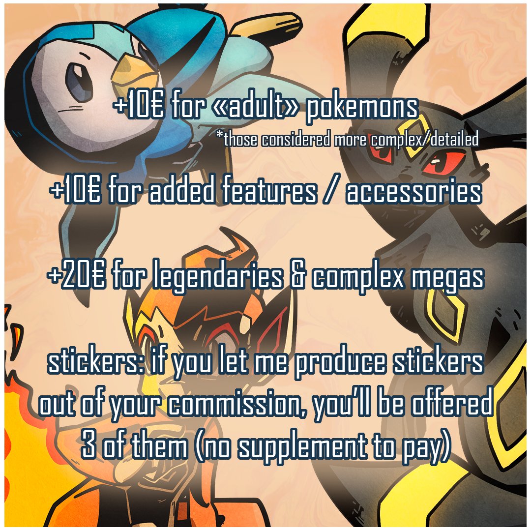 After drawing Pokémons on stream, I received some questions about the possibility to commission them... Well, now you can !

Here are all the information you need. The commission slots are open on Ko-Fi, which facilitates the payment.

Link below 🔽