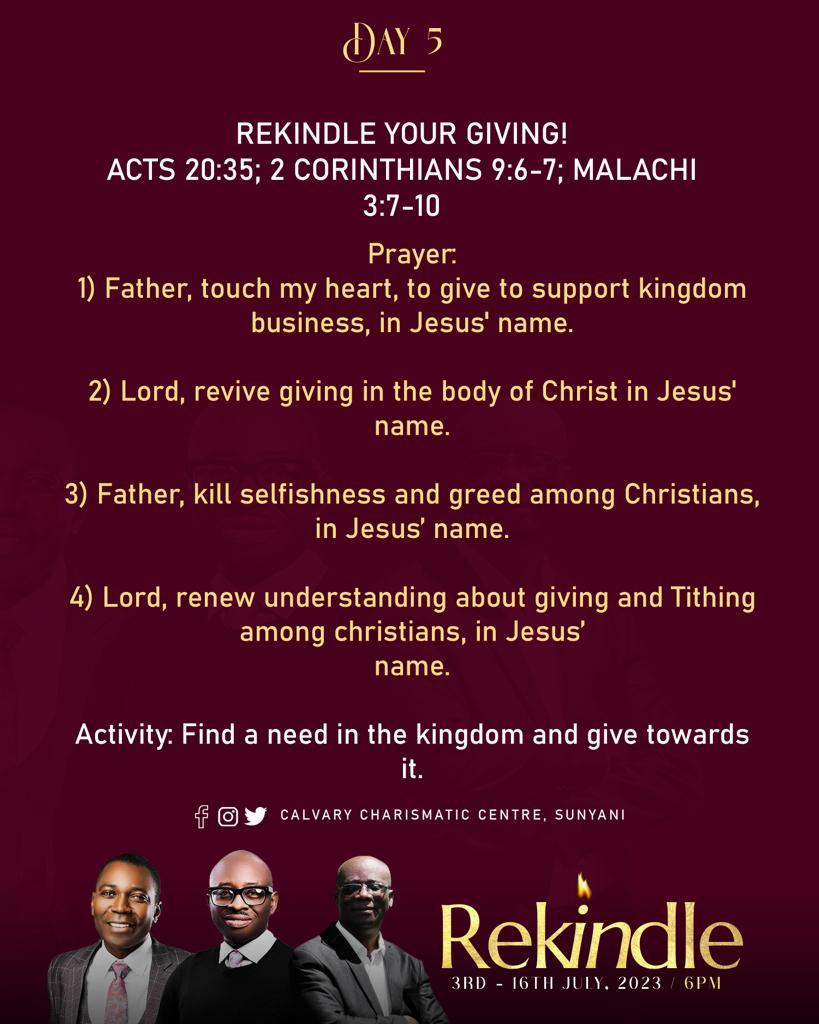 SaltcitySuncity's tweet photo. 🔥🛐𝙍𝙀𝙆𝙄𝙉𝘿𝙇𝙀🙏🏿🔥

        𝘿𝙖𝙮 0️⃣5⃣

 Friday, 7th  July, 2023.

 🔥𝙍𝙀𝙆𝙄𝙉𝘿𝙇𝙀🔥 𝙔𝙊𝙐𝙍 𝙂𝙄𝙑𝙄𝙉𝙂 😇🙌🏼

Read📲, Reflect🤔, Pray🙏🏿, FAST and Act upon it🙌🏽...

#Rekindle #ReIgnite #Restore #FanIntoFlame https://t.co/x4EVtGlh2e