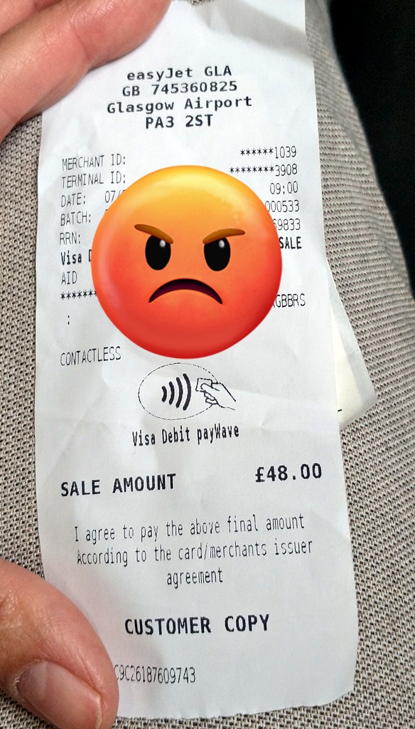 GallacherElain's tweet photo. Well @easyJet congratulations on extra charges on your domestic flight. No matter what a customer does it's impossible to evade your weasel ways to extract extra money. Charged £48 at boarding.! I will never stop publicising your cunning ways to con your customers 😠 https://t.co/iSb1Xizf6A