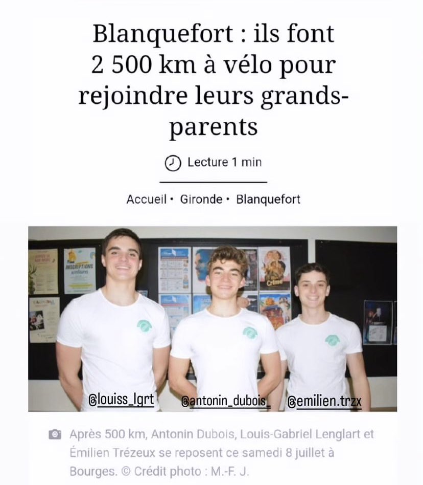 juliette_lngrt's tweet photo. AVIS AUX AMATEURS DE 🚴‍♂️

En cette période de @LeTour, je vous présente mon petit frère et de ses amis qui ont décidé de faire un Tour de France bien à eux ! 

Depuis quelques jours, ils sillonnent la France pour rendre visite à des personnes âgées ! 

Suivez les ici ! https://t.co/HuYioGkito
