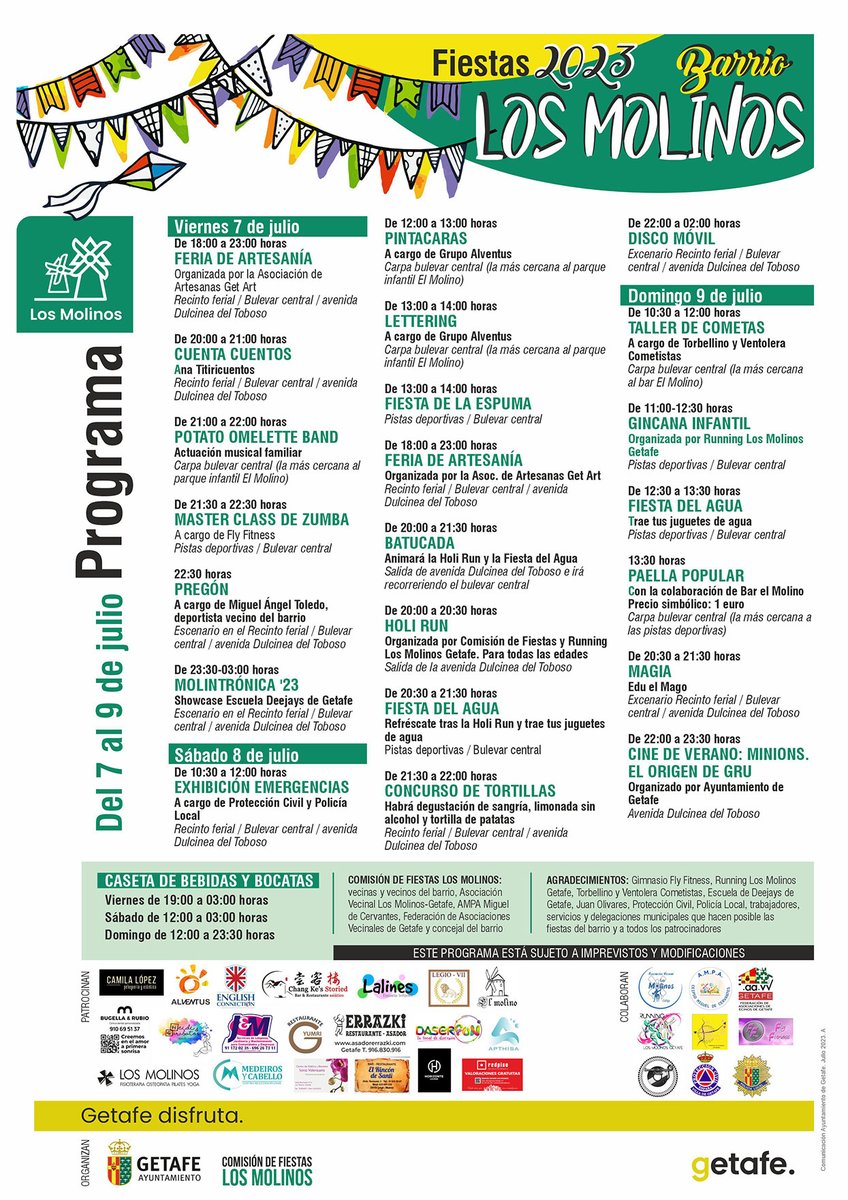 Hoy comienzan las Fiestas del barrio de Los Molinos.    

Habrá actividades para todos los públicos, desde juegos  infantiles, muestras de artesanía, música y gastronomía, hasta actividades deportivas.  

Más información y programa 👇
getafe.es/llegan-las-fie…