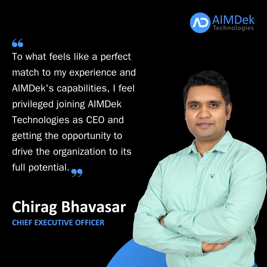 We are pleased to announce the appointment of Chirag Bhavsar as the new Chief Executive Officer of AIMDek Technologies. 
#digitalinnovation #healthcare #medtech #newceo #AIMDek #makinginnovationaccessible #digitaltransformation #medtechinnovator
#entrepreneurship #newbeginnings