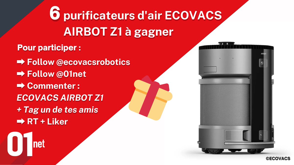 01net's tweet photo. #CONCOURS
🎁6 Purificateurs d'air ECOVACS AIRBOT Z1 sont à remporter🎁
Pour participer :
✅Follow @01net  &amp; @ecovacsrobotics
✅Commenter : ECOVACS AIRBOT Z1
✅Taguer un de ses amis
✅RT + Liker
TAS le 13/07 à 17h
https://t.co/HNpDYbJA9z
Bonne chance à tous ! https://t.co/aOzBRazgM8