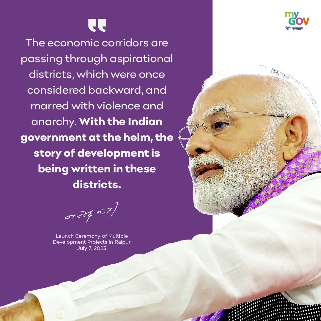 mygovindia's tweet photo. The economic corridors are passing through aspirational districts, which were once considered backward, and marred with violence and anarchy.
#ModiInChhattisgarh #ModiInRaipur #InfrastructureDevelopment https://t.co/50aZkNPbMt