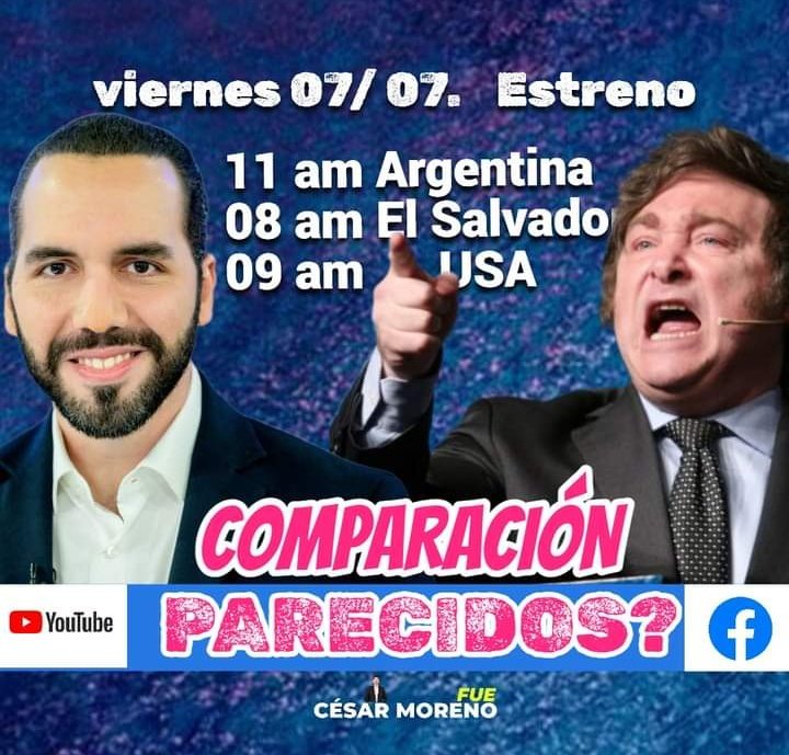 CesarMorenoOK1's tweet photo. Estoy Feliz! HOY tenemos un estreno. ¿Piensan parecido @nayibbukele y @JMilei?. ¿O son totalmente opuestos?
Nos encontramos para chatear en vivo en el estreno en YouTube y Facebook?
#nayibbukele #GuerraContraPandillas #cesarmoreno https://t.co/qkjQO2eCmx