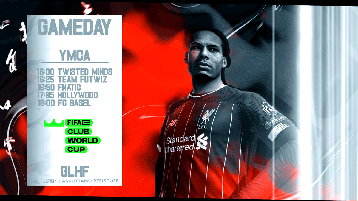 Tänään YMCA jatkaa urakkaansa FIFA eClub World Cup lopputurnauksessa, kun vuorossa on toiset viisi ottelua lohkossa.  Aikataulu sama kuin ensimmäisenä päivänäkin.

⏰ 16:00  
📺 twitch.tv/jerkosz &amp; twitch.tv/fifae 

  #FeCWC  <a href="/FIFAe/">FIFAe</a>  | #ymcaesports #ymcatampere