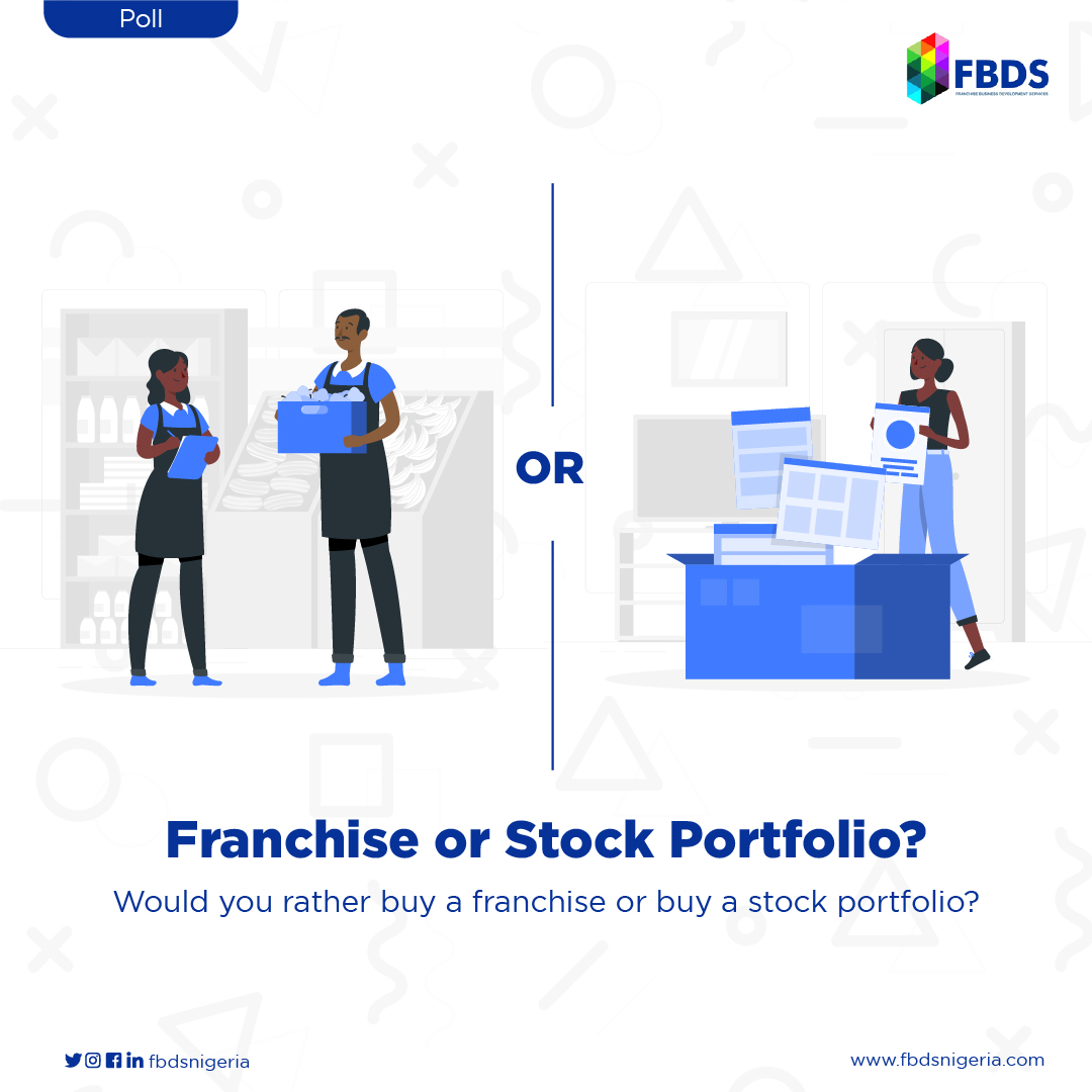 FBDSnigeria's tweet photo. Which would you choose to purchase, a franchise or a stock portfolio?
Please go ahead to share your answers in the comment section.
#franchise #business #businessdeals #investment #franchisebusiness #brand #poll #quiz #tgif #FBDS https://t.co/LbONsqqSVU