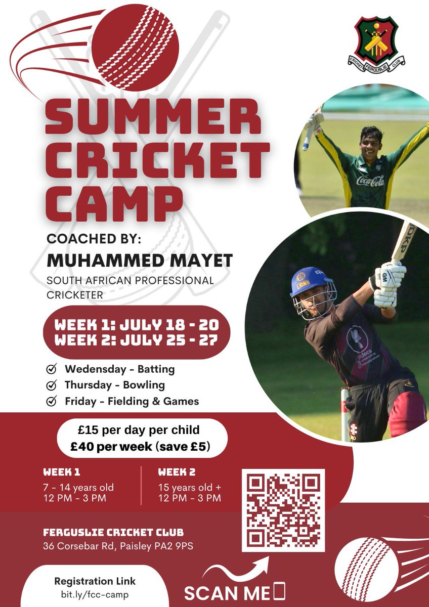 Summer Cricket Camp at Ferguslie Cricket Club ☀️

Open to everyone 🙌

Coached my South African Professional Muhammed Mayet 🏏

All details below ⬇️